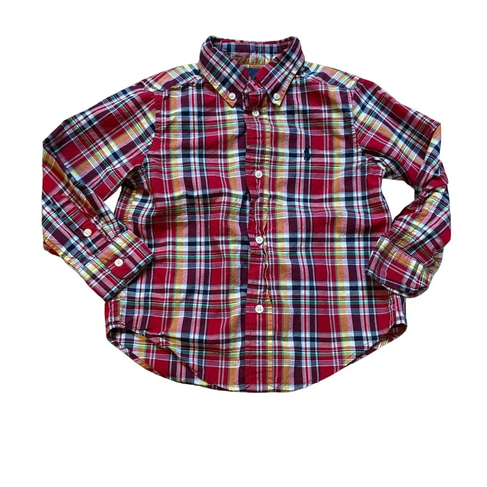 Ralph Lauren Button Down Kids Red Excellent Plaid Long Sleeve SIZE 2T‎